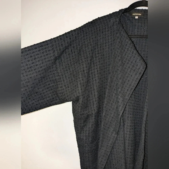 Eskandar 100% Linen Textured Cuff Sleeve Short Kimono Shawl Jacket Size 1 Black - Picture 4 of 9